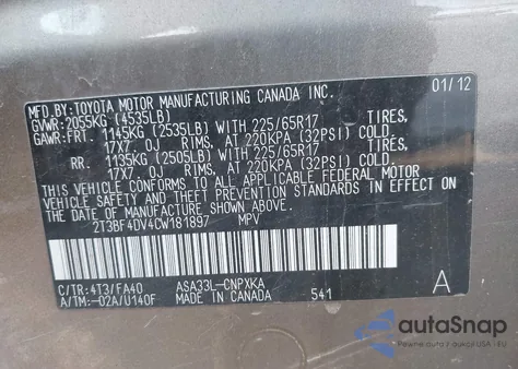 2012 Toyota Rav4 z USA, uszkodzony, nr VIN 2T3BF4DV4CW181897